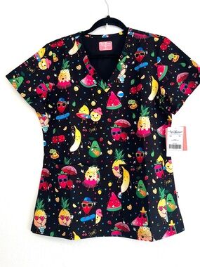 Ava Therese Women's Fresh N Tasty Scrub Top V Neck NWT Nurses Black/Multi SZ MED